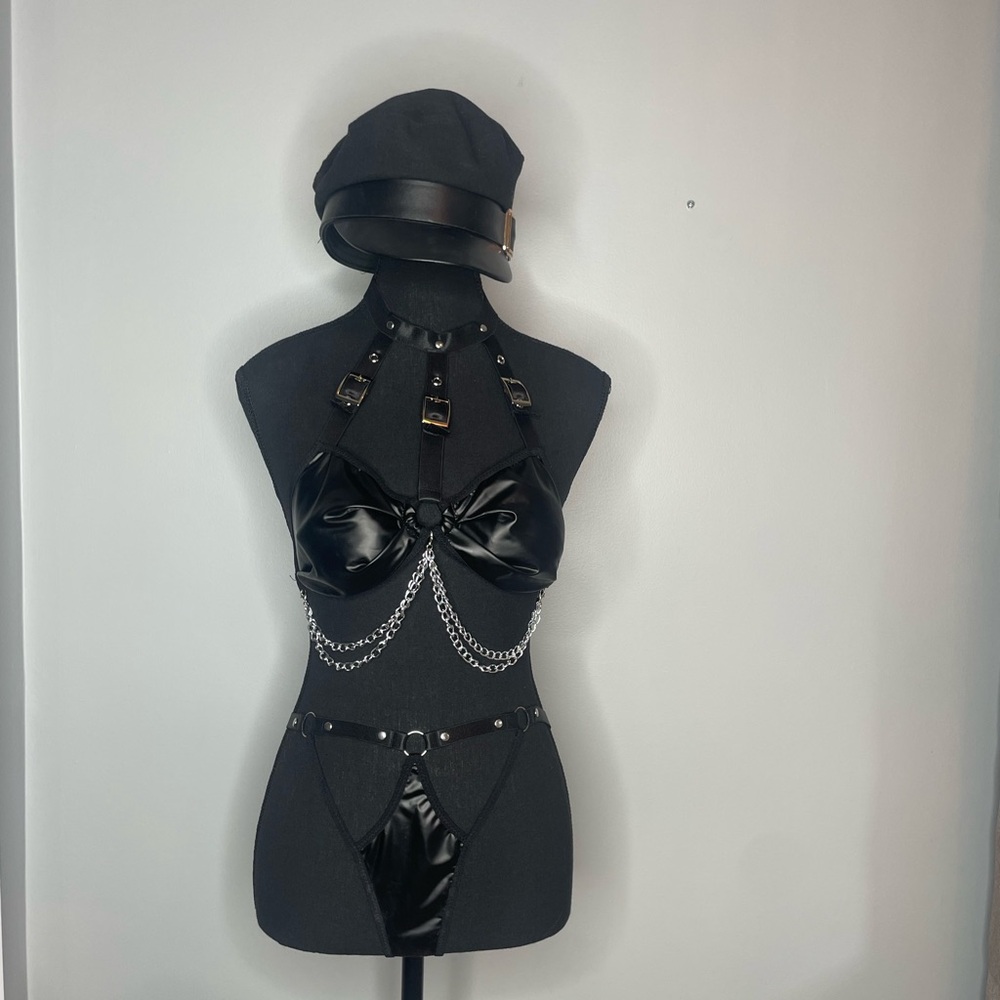 Black Faux Leather Lingerie Set with Chains